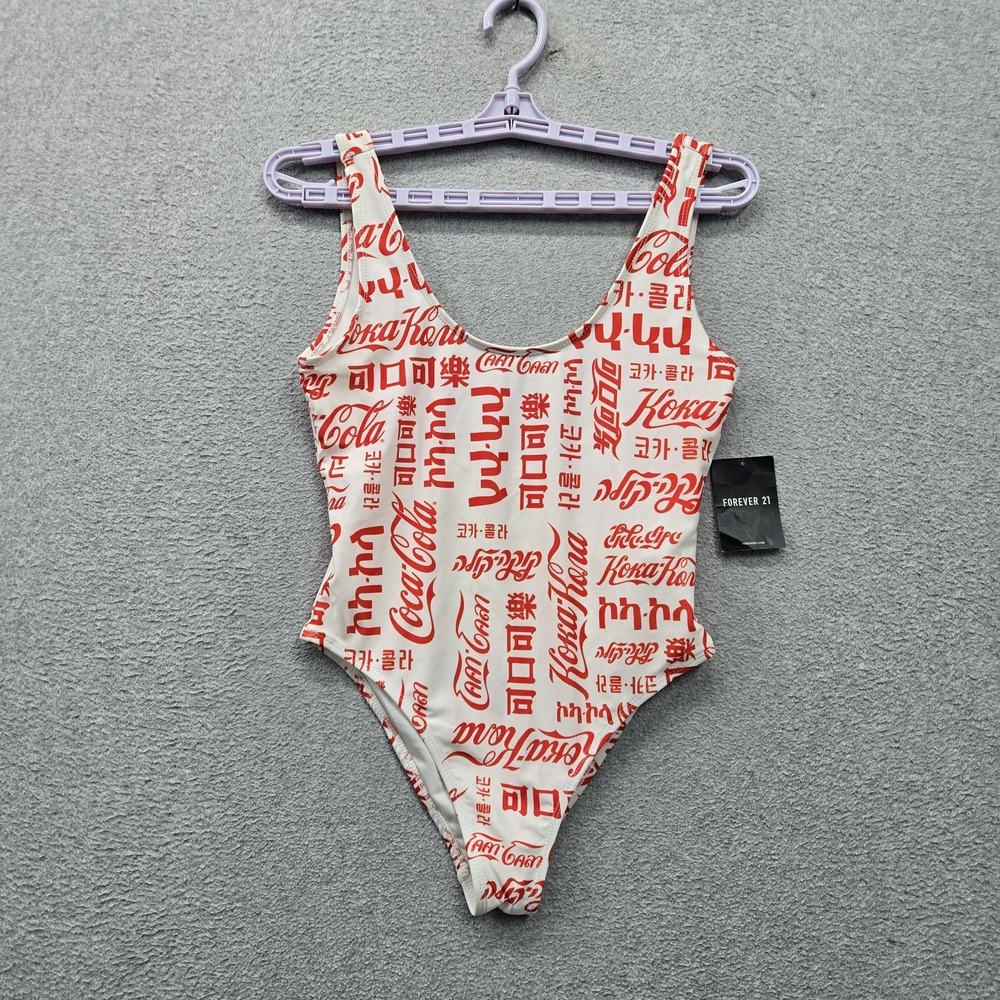 Forever 21 Women Swimwear S White One-Piece Swimsuit Graphic Coca-Cola Logo
